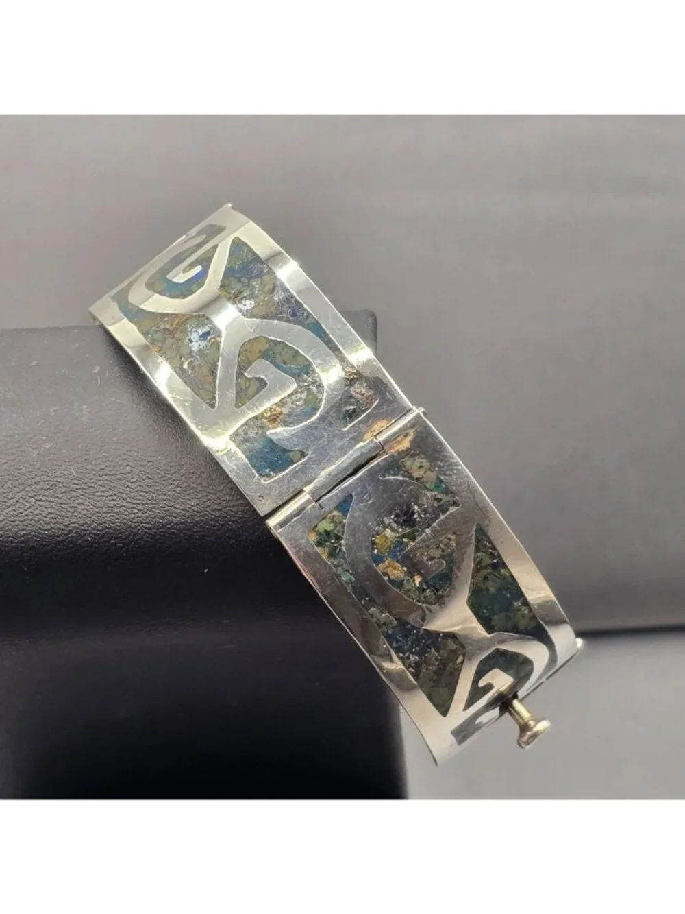 Vintage Taxco Sterling Silver Turquoise Inlay Bracelet 7